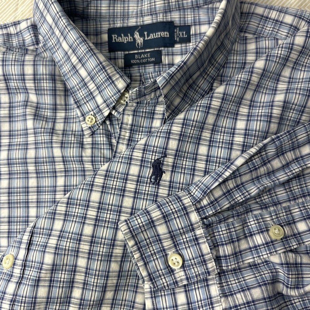 Polo‎ Ralph Lauren Men's XL Button Down Blue Plaid Shirt Long Sleeve Oxford
